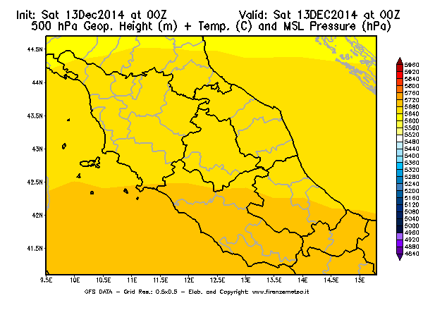 Mappa di analisi GFS - Geopotenziale [m] + Temp. [°C] a 500 hPa + Press. a livello del mare [hPa] in Centro-Italia
									del 13/12/2014 00 <!--googleoff: index-->UTC<!--googleon: index-->
