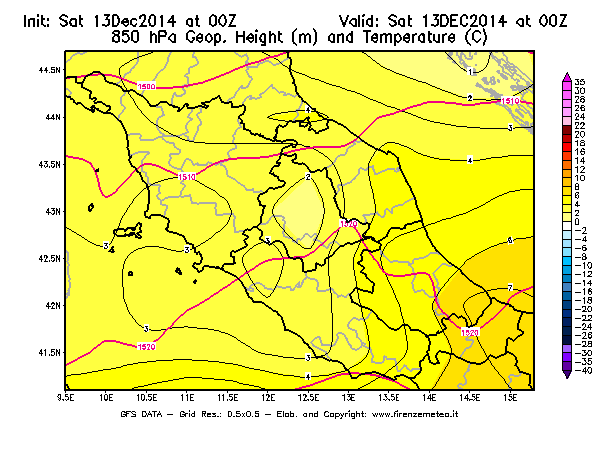 Mappa di analisi GFS - Geopotenziale [m] e Temperatura [°C] a 850 hPa in Centro-Italia
									del 13/12/2014 00 <!--googleoff: index-->UTC<!--googleon: index-->