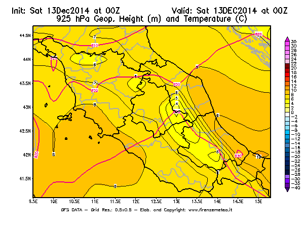 Mappa di analisi GFS - Geopotenziale [m] e Temperatura [°C] a 925 hPa in Centro-Italia
							del 13/12/2014 00 <!--googleoff: index-->UTC<!--googleon: index-->