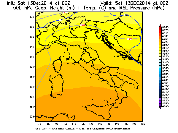 Mappa di analisi GFS - Geopotenziale [m] + Temp. [°C] a 500 hPa + Press. a livello del mare [hPa] in Italia
									del 13/12/2014 00 <!--googleoff: index-->UTC<!--googleon: index-->