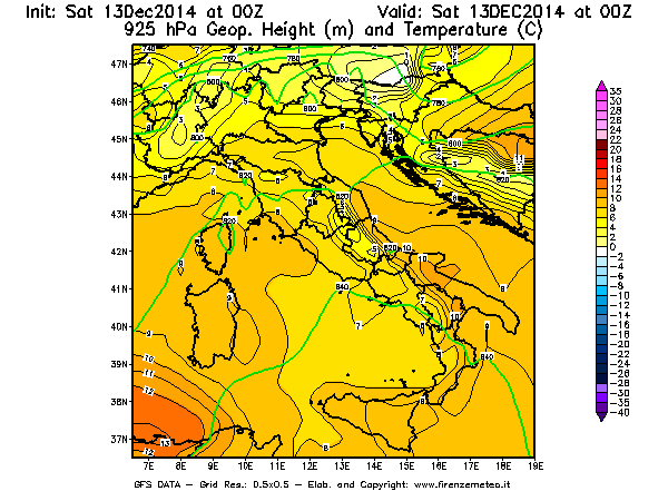 Mappa di analisi GFS - Geopotenziale [m] e Temperatura [°C] a 925 hPa in Italia
									del 13/12/2014 00 <!--googleoff: index-->UTC<!--googleon: index-->