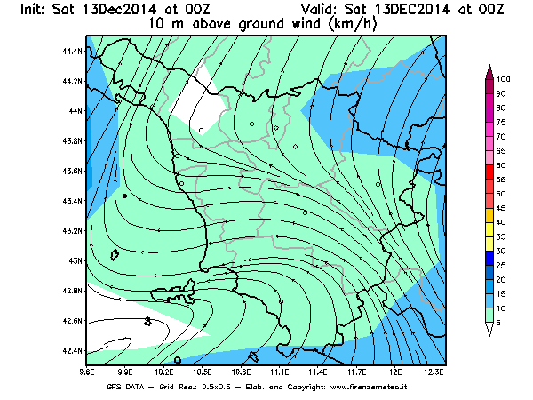 Mappa di analisi GFS - Velocità del vento a 10 metri dal suolo [km/h] in Toscana
							del 13/12/2014 00 <!--googleoff: index-->UTC<!--googleon: index-->