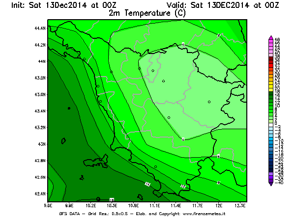 Mappa di analisi GFS - Temperatura a 2 metri dal suolo [°C] in Toscana
							del 13/12/2014 00 <!--googleoff: index-->UTC<!--googleon: index-->