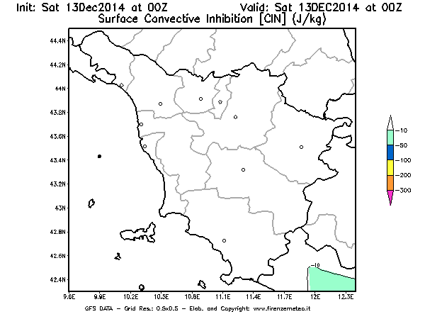 Mappa di analisi GFS - CIN [J/kg] in Toscana
							del 13/12/2014 00 <!--googleoff: index-->UTC<!--googleon: index-->