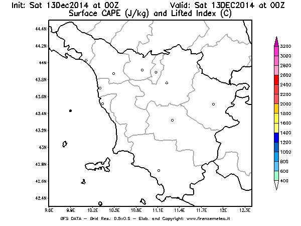Mappa di analisi GFS - CAPE [J/kg] e Lifted Index [°C] in Toscana
									del 13/12/2014 00 <!--googleoff: index-->UTC<!--googleon: index-->