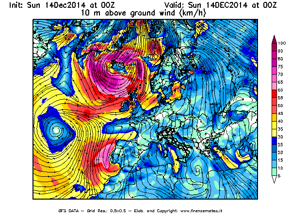 Mappa di analisi GFS - Velocità del vento a 10 metri dal suolo [km/h] in Europa
							del 14/12/2014 00 <!--googleoff: index-->UTC<!--googleon: index-->