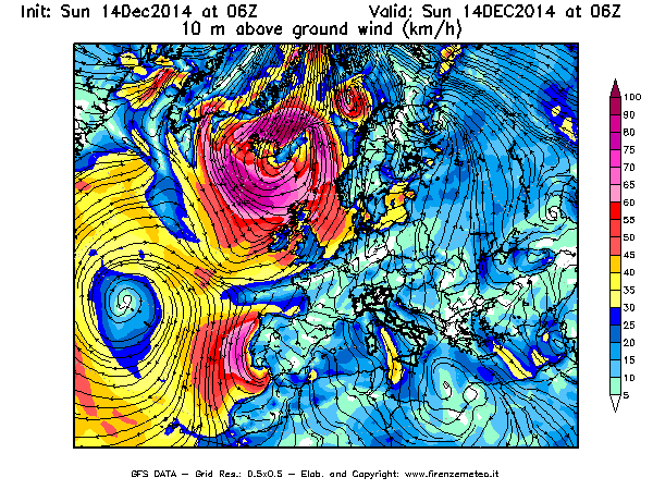 Mappa di analisi GFS - Velocità del vento a 10 metri dal suolo [km/h] in Europa
							del 14/12/2014 06 <!--googleoff: index-->UTC<!--googleon: index-->