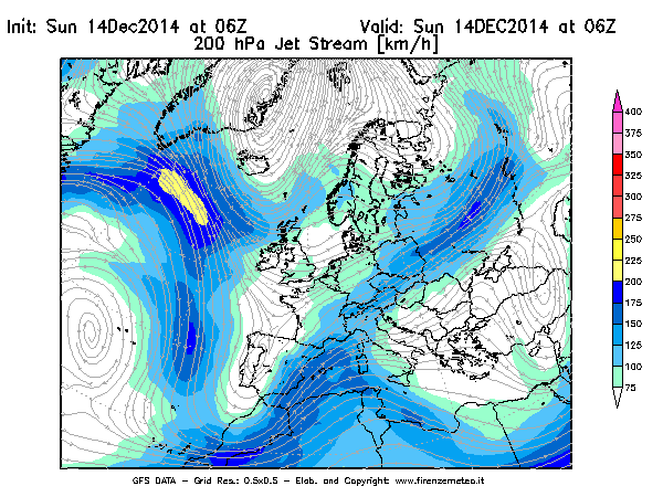 Mappa di analisi GFS - Jet Stream a 200 hPa in Europa
							del 14/12/2014 06 <!--googleoff: index-->UTC<!--googleon: index-->