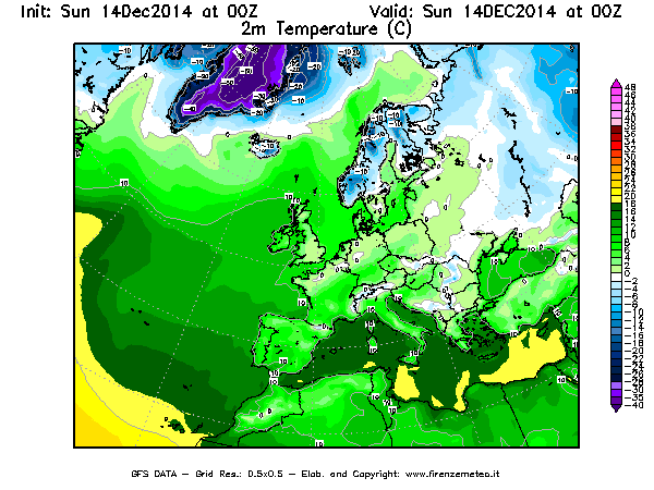 Mappa di analisi GFS - Temperatura a 2 metri dal suolo [°C] in Europa
							del 14/12/2014 00 <!--googleoff: index-->UTC<!--googleon: index-->