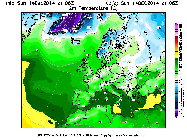 Mappa di analisi GFS - Temperatura a 2 metri dal suolo [°C] in Europa
							del 14/12/2014 06 <!--googleoff: index-->UTC<!--googleon: index-->