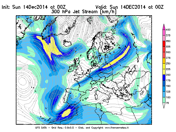 Mappa di analisi GFS - Jet Stream a 300 hPa in Europa
							del 14/12/2014 00 <!--googleoff: index-->UTC<!--googleon: index-->