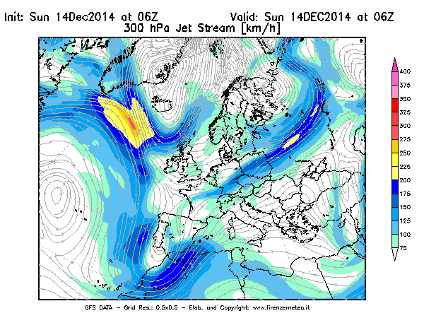 Mappa di analisi GFS - Jet Stream a 300 hPa in Europa
							del 14/12/2014 06 <!--googleoff: index-->UTC<!--googleon: index-->