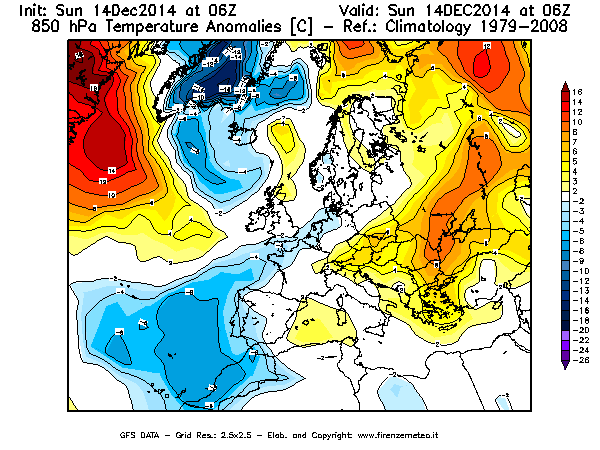Mappa di analisi GFS - Anomalia Temperatura [°C] a 850 hPa in Europa
							del 14/12/2014 06 <!--googleoff: index-->UTC<!--googleon: index-->