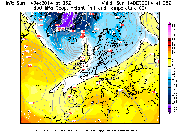 Mappa di analisi GFS - Geopotenziale [m] e Temperatura [°C] a 850 hPa in Europa
							del 14/12/2014 06 <!--googleoff: index-->UTC<!--googleon: index-->