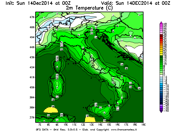Mappa di analisi GFS - Temperatura a 2 metri dal suolo [°C] in Italia
							del 14/12/2014 00 <!--googleoff: index-->UTC<!--googleon: index-->