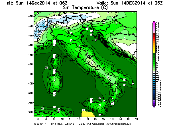 Mappa di analisi GFS - Temperatura a 2 metri dal suolo [°C] in Italia
							del 14/12/2014 06 <!--googleoff: index-->UTC<!--googleon: index-->