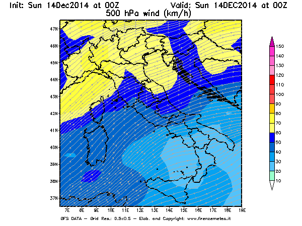 Mappa di analisi GFS - Velocità del vento a 500 hPa [km/h] in Italia
							del 14/12/2014 00 <!--googleoff: index-->UTC<!--googleon: index-->