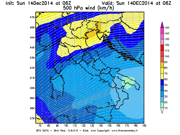 Mappa di analisi GFS - Velocità del vento a 500 hPa [km/h] in Italia
							del 14/12/2014 06 <!--googleoff: index-->UTC<!--googleon: index-->