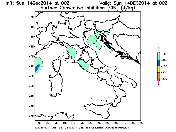 Mappa di analisi GFS - CIN [J/kg] in Italia
							del 14/12/2014 00 <!--googleoff: index-->UTC<!--googleon: index-->