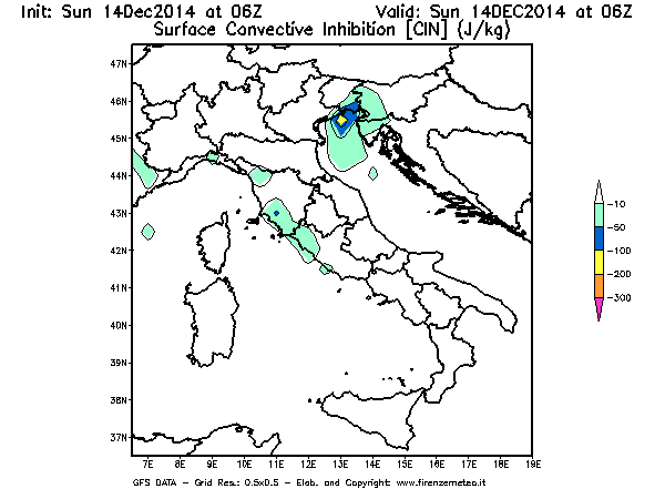 Mappa di analisi GFS - CIN [J/kg] in Italia
							del 14/12/2014 06 <!--googleoff: index-->UTC<!--googleon: index-->