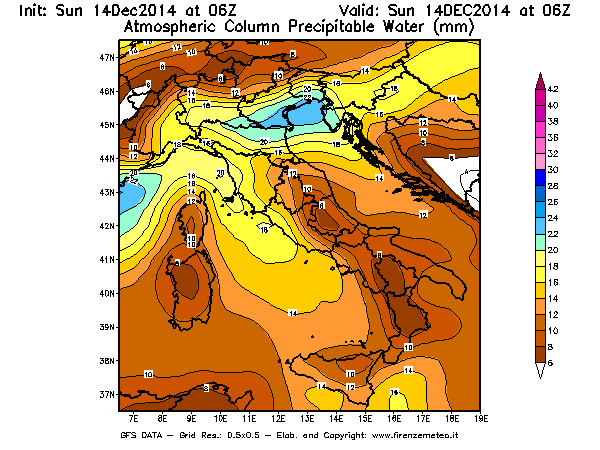 Mappa di analisi GFS - Precipitable Water [mm] in Italia
							del 14/12/2014 06 <!--googleoff: index-->UTC<!--googleon: index-->