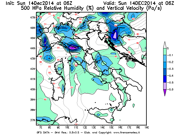 Mappa di analisi GFS - Umidità relativa [%] e Omega [Pa/s] a 500 hPa in Italia
							del 14/12/2014 06 <!--googleoff: index-->UTC<!--googleon: index-->
