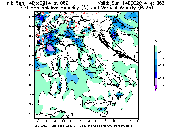 Mappa di analisi GFS - Umidità relativa [%] e Omega [Pa/s] a 700 hPa in Italia
							del 14/12/2014 06 <!--googleoff: index-->UTC<!--googleon: index-->