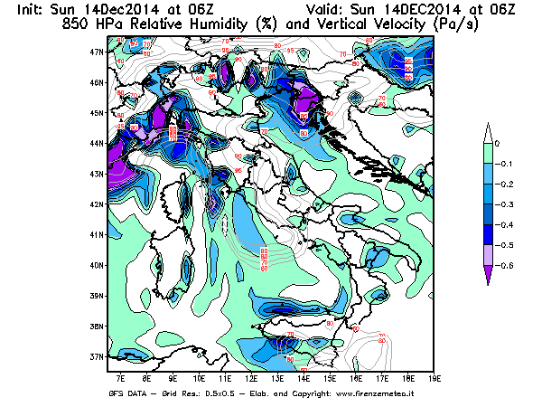 Mappa di analisi GFS - Umidità relativa [%] e Omega [Pa/s] a 850 hPa in Italia
							del 14/12/2014 06 <!--googleoff: index-->UTC<!--googleon: index-->