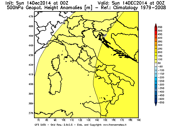 Mappa di analisi GFS - Anomalia di Geopotenziale a 500 hPa in Italia
							del 14/12/2014 00 <!--googleoff: index-->UTC<!--googleon: index-->
