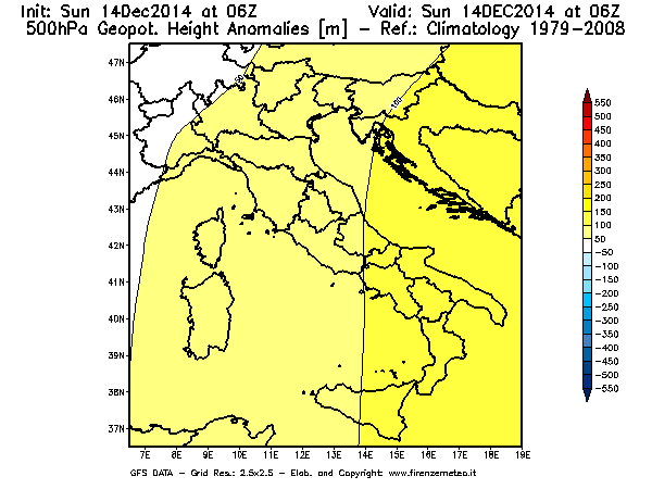 Mappa di analisi GFS - Anomalia di Geopotenziale a 500 hPa in Italia
							del 14/12/2014 06 <!--googleoff: index-->UTC<!--googleon: index-->