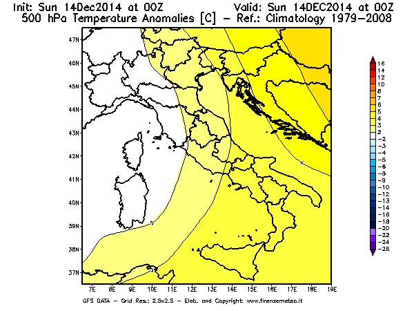 Mappa di analisi GFS - Anomalia Temperatura [°C] a 500 hPa in Italia
							del 14/12/2014 00 <!--googleoff: index-->UTC<!--googleon: index-->