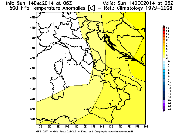 Mappa di analisi GFS - Anomalia Temperatura [°C] a 500 hPa in Italia
							del 14/12/2014 06 <!--googleoff: index-->UTC<!--googleon: index-->