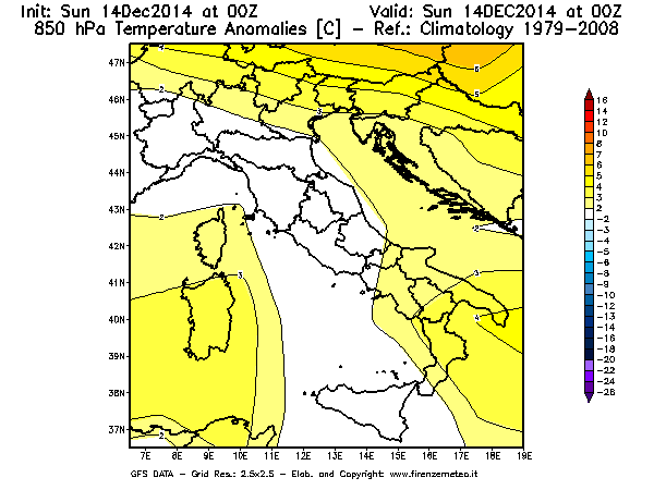 Mappa di analisi GFS - Anomalia Temperatura [°C] a 850 hPa in Italia
							del 14/12/2014 00 <!--googleoff: index-->UTC<!--googleon: index-->