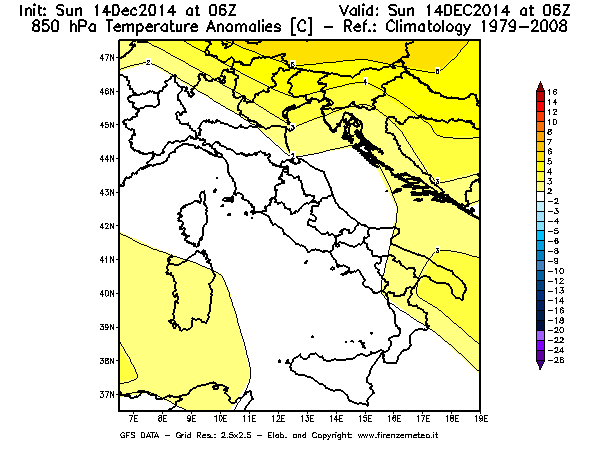 Mappa di analisi GFS - Anomalia Temperatura [°C] a 850 hPa in Italia
							del 14/12/2014 06 <!--googleoff: index-->UTC<!--googleon: index-->