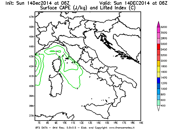 Mappa di analisi GFS - CAPE [J/kg] e Lifted Index [°C] in Italia
							del 14/12/2014 06 <!--googleoff: index-->UTC<!--googleon: index-->
