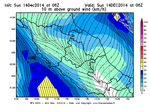 Mappa di analisi GFS - Velocità del vento a 10 metri dal suolo [km/h] in Centro-Italia
							del 14/12/2014 06 <!--googleoff: index-->UTC<!--googleon: index-->