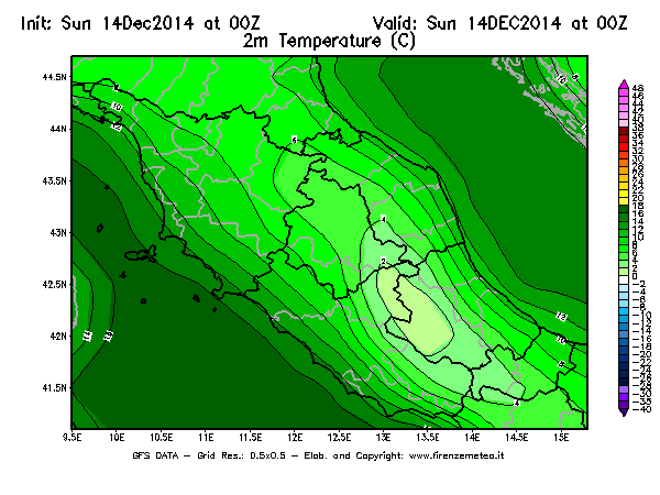 Mappa di analisi GFS - Temperatura a 2 metri dal suolo [°C] in Centro-Italia
							del 14/12/2014 00 <!--googleoff: index-->UTC<!--googleon: index-->