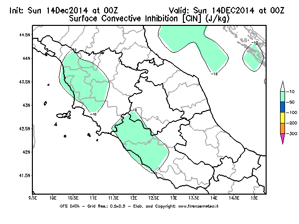 Mappa di analisi GFS - CIN [J/kg] in Centro-Italia
							del 14/12/2014 00 <!--googleoff: index-->UTC<!--googleon: index-->