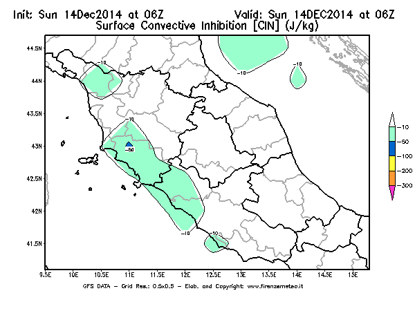 Mappa di analisi GFS - CIN [J/kg] in Centro-Italia
							del 14/12/2014 06 <!--googleoff: index-->UTC<!--googleon: index-->