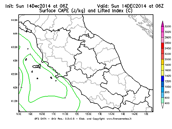 Mappa di analisi GFS - CAPE [J/kg] e Lifted Index [°C] in Centro-Italia
							del 14/12/2014 06 <!--googleoff: index-->UTC<!--googleon: index-->