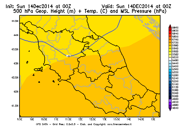 Mappa di analisi GFS - Geopotenziale [m] + Temp. [°C] a 500 hPa + Press. a livello del mare [hPa] in Centro-Italia
							del 14/12/2014 00 <!--googleoff: index-->UTC<!--googleon: index-->