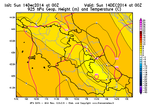 Mappa di analisi GFS - Geopotenziale [m] e Temperatura [°C] a 925 hPa in Centro-Italia
							del 14/12/2014 00 <!--googleoff: index-->UTC<!--googleon: index-->