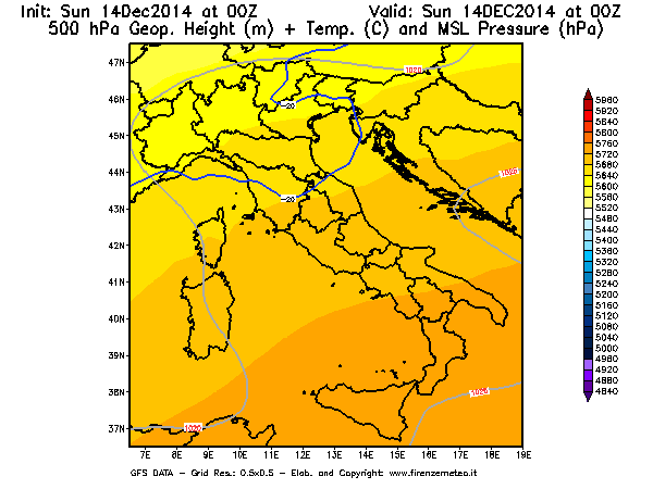 Mappa di analisi GFS - Geopotenziale [m] + Temp. [°C] a 500 hPa + Press. a livello del mare [hPa] in Italia
							del 14/12/2014 00 <!--googleoff: index-->UTC<!--googleon: index-->
