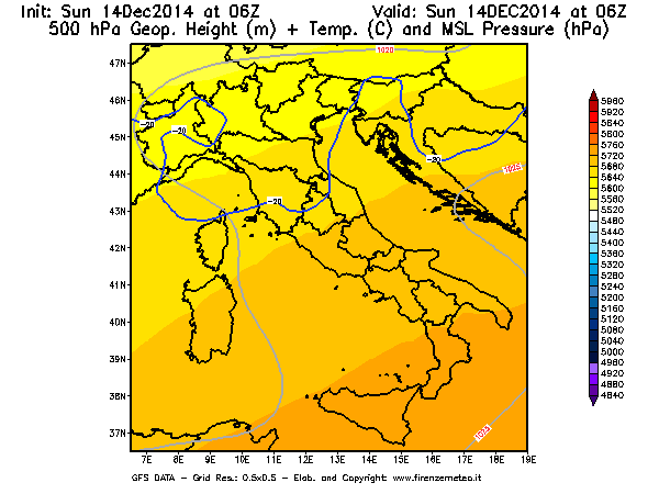 Mappa di analisi GFS - Geopotenziale [m] + Temp. [°C] a 500 hPa + Press. a livello del mare [hPa] in Italia
							del 14/12/2014 06 <!--googleoff: index-->UTC<!--googleon: index-->