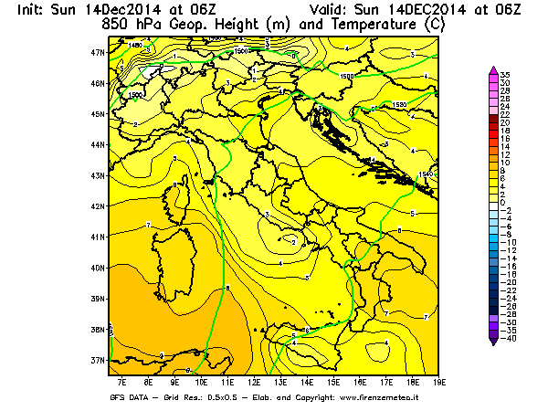 Mappa di analisi GFS - Geopotenziale [m] e Temperatura [°C] a 850 hPa in Italia
							del 14/12/2014 06 <!--googleoff: index-->UTC<!--googleon: index-->