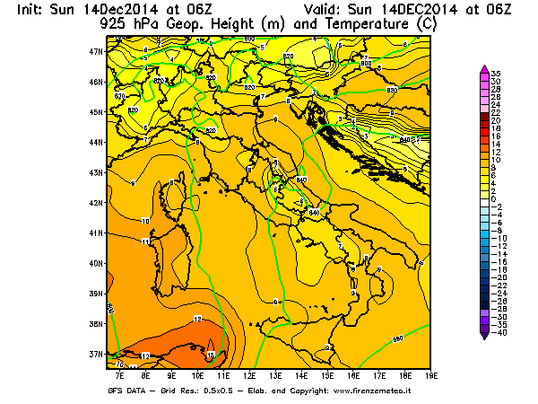 Mappa di analisi GFS - Geopotenziale [m] e Temperatura [°C] a 925 hPa in Italia
							del 14/12/2014 06 <!--googleoff: index-->UTC<!--googleon: index-->
