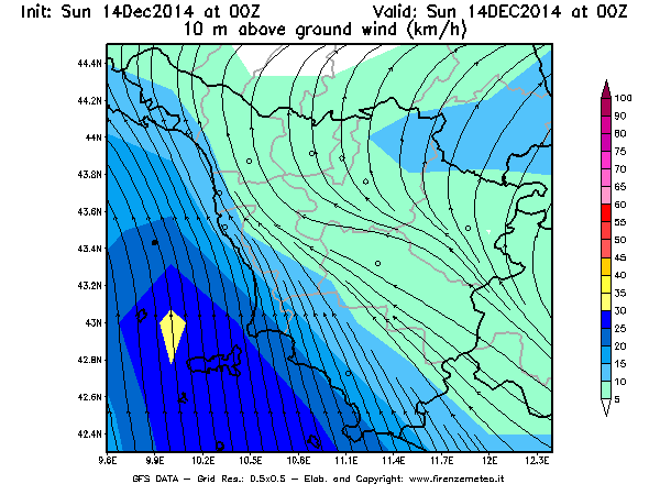 Mappa di analisi GFS - Velocità del vento a 10 metri dal suolo [km/h] in Toscana
							del 14/12/2014 00 <!--googleoff: index-->UTC<!--googleon: index-->