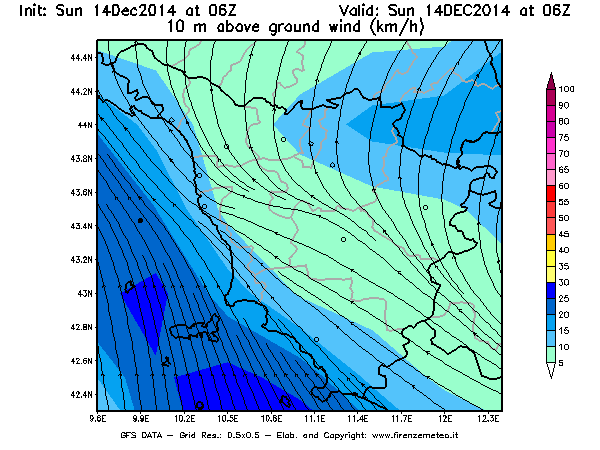 Mappa di analisi GFS - Velocità del vento a 10 metri dal suolo [km/h] in Toscana
							del 14/12/2014 06 <!--googleoff: index-->UTC<!--googleon: index-->