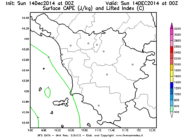Mappa di analisi GFS - CAPE [J/kg] e Lifted Index [°C] in Toscana
							del 14/12/2014 00 <!--googleoff: index-->UTC<!--googleon: index-->