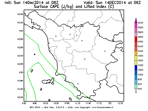 Mappa di analisi GFS - CAPE [J/kg] e Lifted Index [°C] in Toscana
							del 14/12/2014 06 <!--googleoff: index-->UTC<!--googleon: index-->